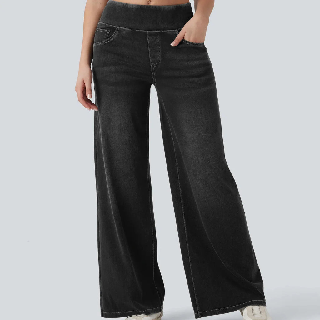 Women’s High-Waist Wide-Leg Zip Denim Jeans Casual Pants-HighTouch