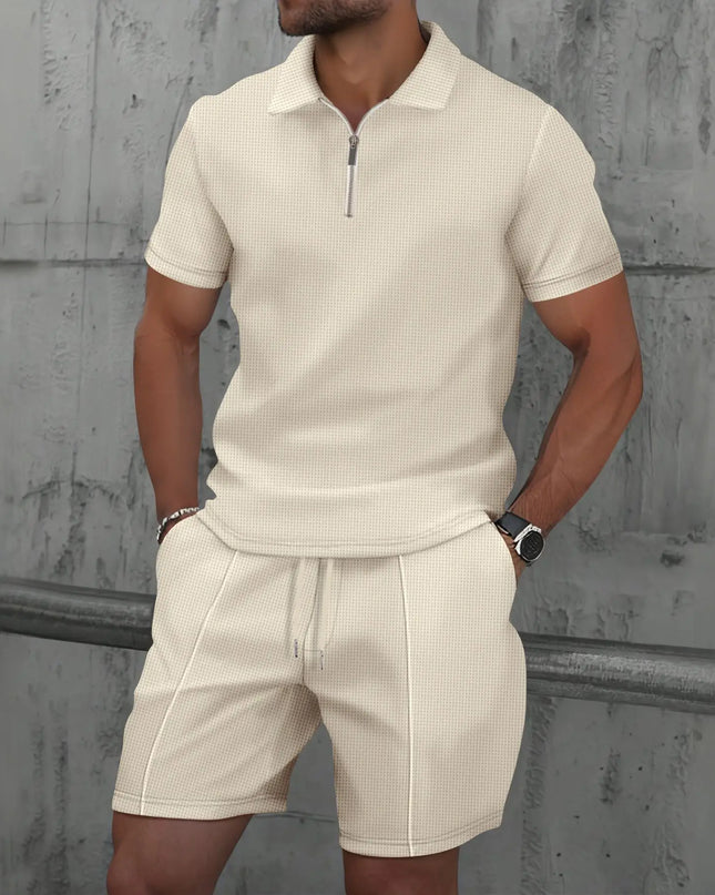 Men’s Summer Waffle Knit Zip-Up Lapel Short Sleeve Suit & Shorts Set