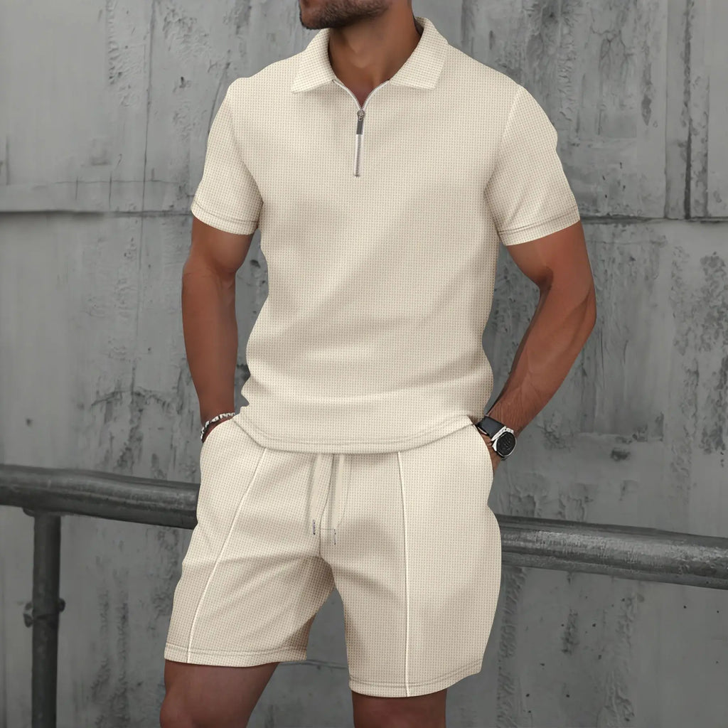 Men’s Summer Waffle Knit Zip-Up Lapel Short Sleeve Suit & Shorts Set-HighTouch