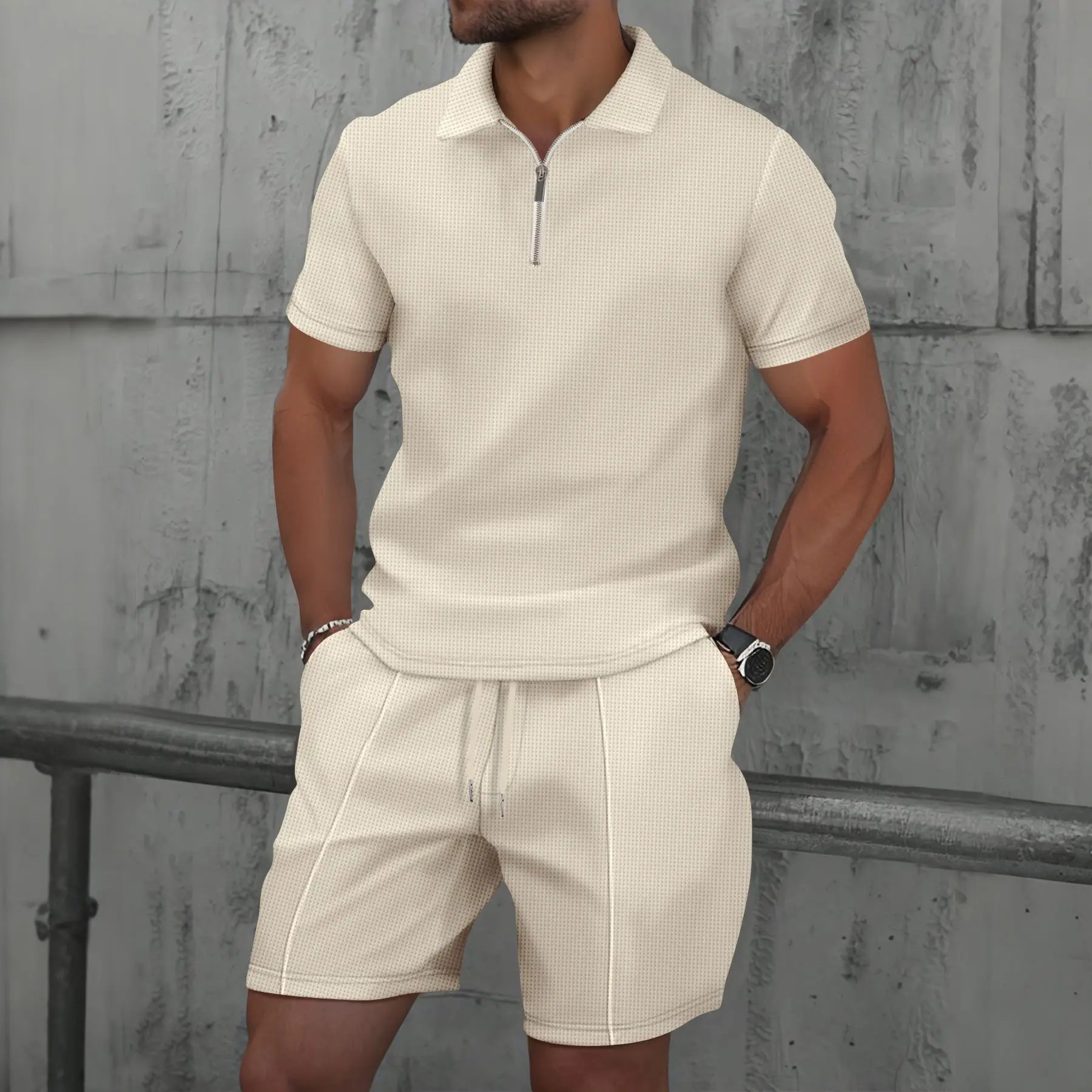 Men’s Summer Waffle Knit Zip-Up Lapel Short Sleeve Suit & Shorts Set