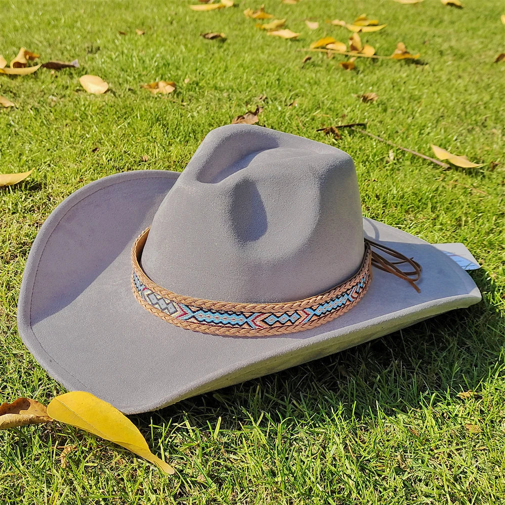 Suede Wide-Brim Western Cowboy Fedora Adjustable Fit-HighTouch