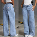 High Waist Wide‑Leg Bow Embroidered Pocket Jeans-HighTouch
