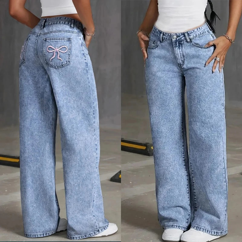 High Waist Wide‑Leg Bow Embroidered Pocket Jeans