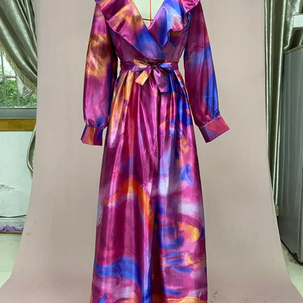 Elegant Printed Long-Sleeve Belted Maxi Dress Women