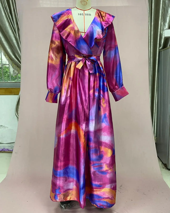 Elegant Printed Long-Sleeve Belted Maxi Dress Women
