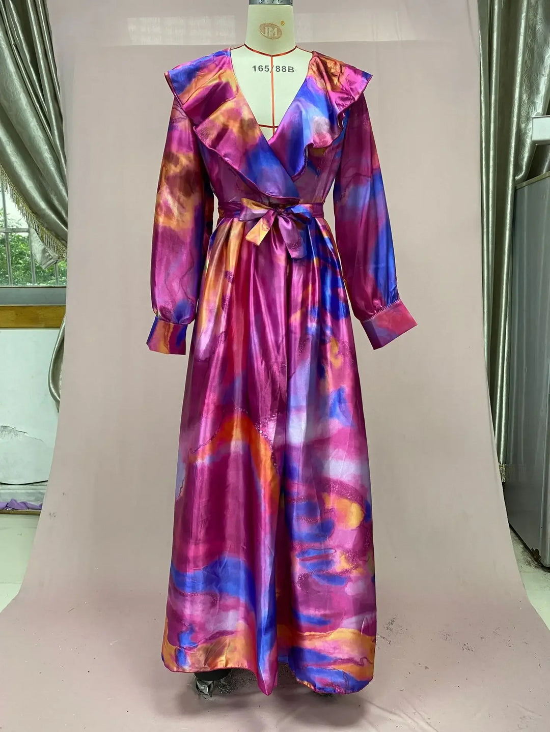 Elegant Printed Long-Sleeve Belted Maxi Dress Women-HighTouch