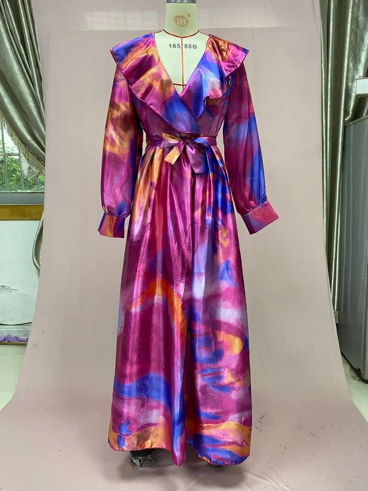 Elegant Printed Long-Sleeve Belted Maxi Dress Women-HighTouch