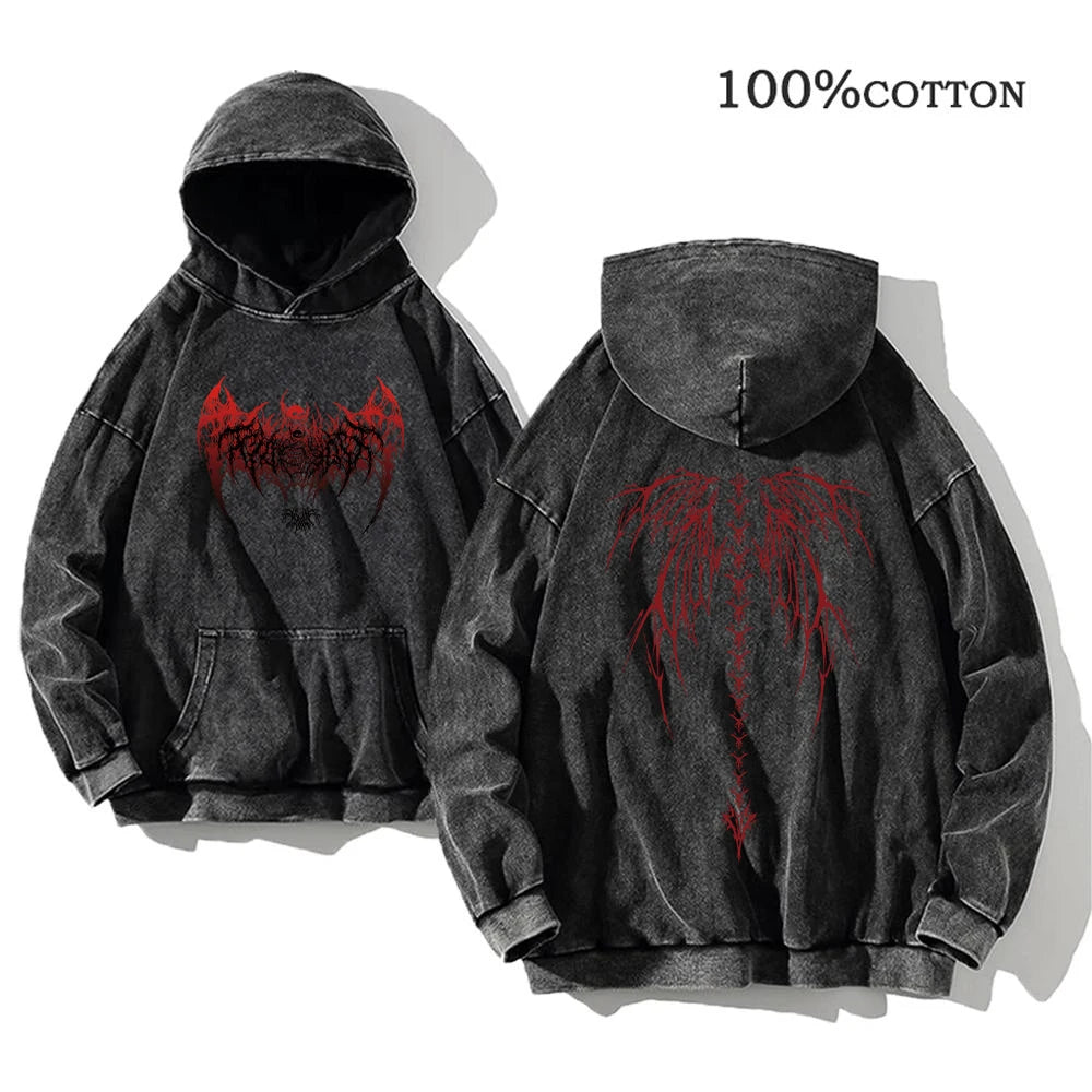 Y2K Washed Hoodies Vintage Cotton Women Men Skull Cross Print Hooded Sweatshirts Oversize Hip Hop Male Pullover Winter Clothes