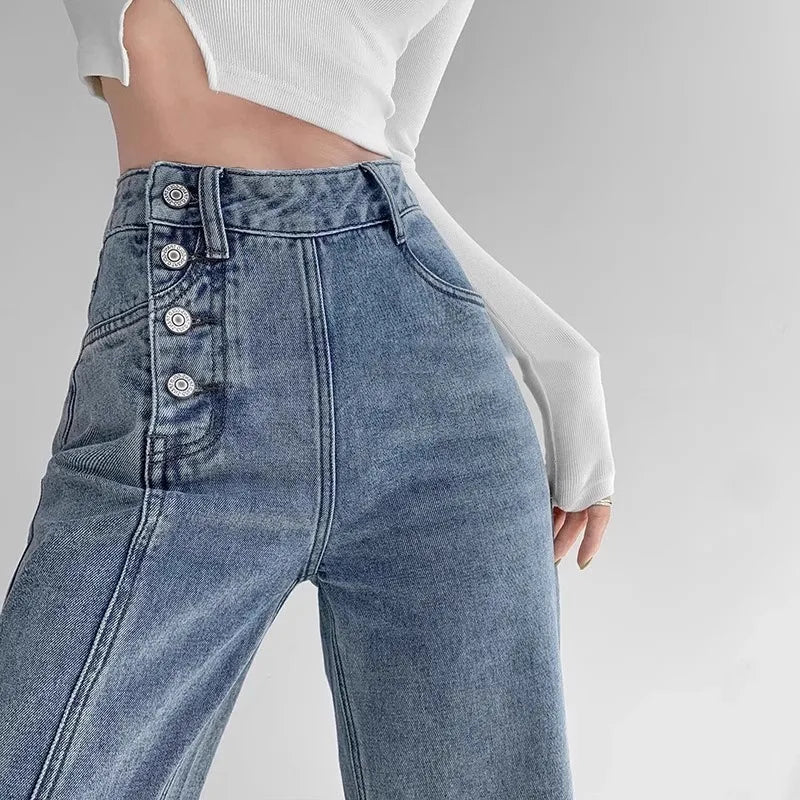 Straight-Leg Wide-Leg High-Waist Relaxed Fit Denim Jeans For Women's-HighTouch