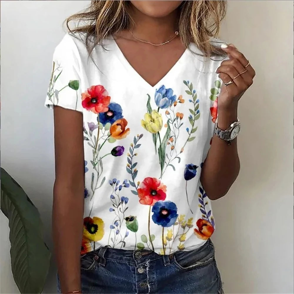 Vintage Floral 3D Print V‑Neck Tee – Oversized Harajuku Style-HighTouch