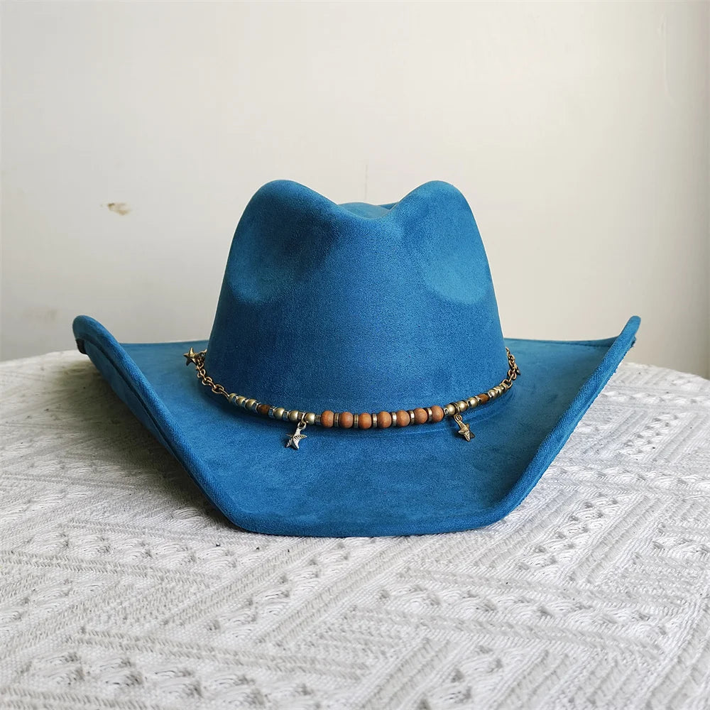 Suede Wide-Brim Western Cowboy Fedora Adjustable Fit