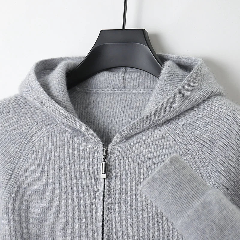 Wool Zip Hoodie Cardigan Men ‒ Thick Knit Autumn/Winter Zip Jacket-HighTouch
