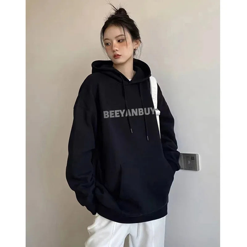 Casual Fleece Lined Hoodie Women's Autumn Winter Thickened American Retro Lazy Style Couple Outerwear Cotton Full Sleeve