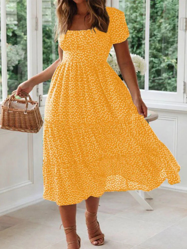 Vintage Floral Square‑Collar Puff‑Sleeve Maxi Dress with Slit-HighTouch