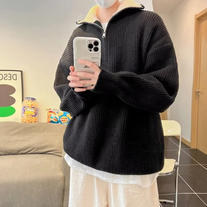 Y2K Half-Zip Stand-Up Collar Pullover Sweater Men