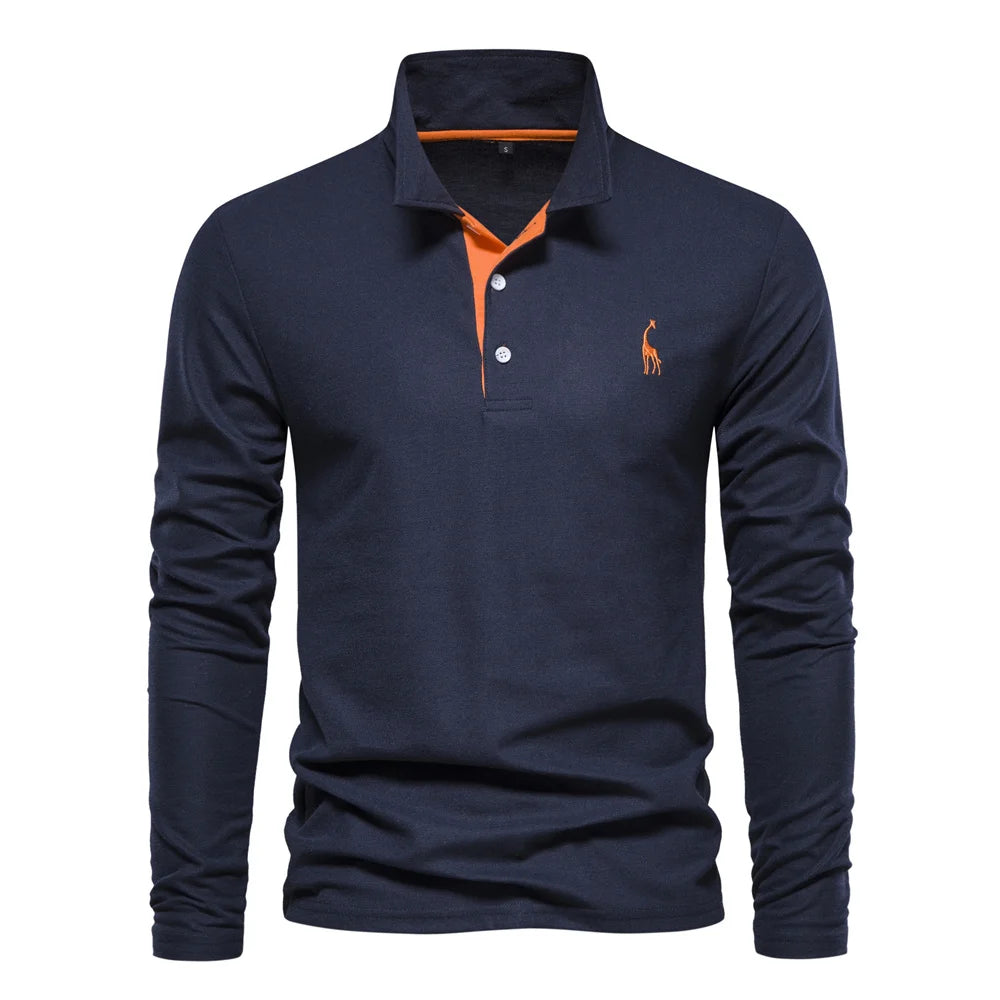 Men’s Deer-Embroidered Long Sleeve Polo-HighTouch