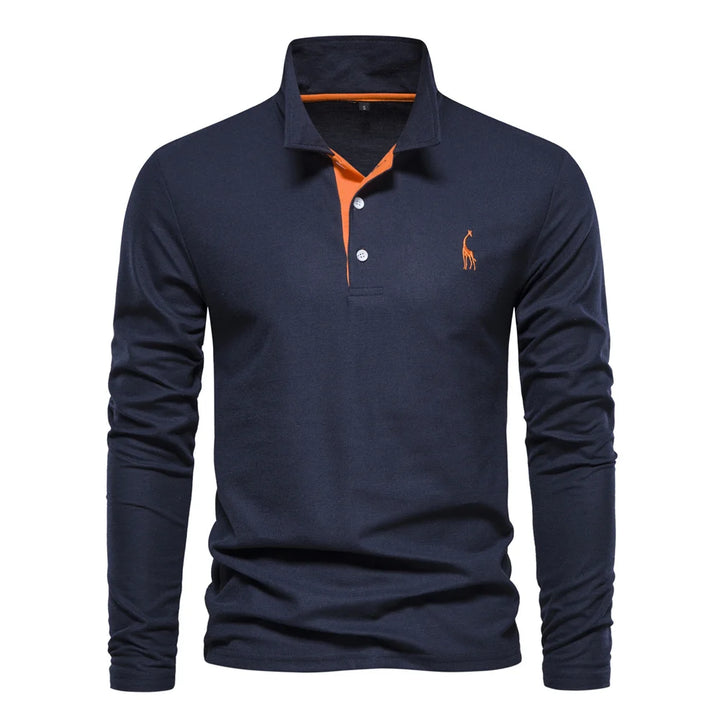 Men’s Deer-Embroidered Long Sleeve Polo-HighTouch