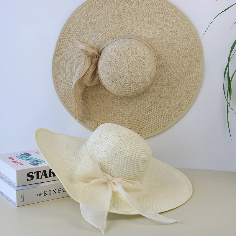 Wide-Brim Straw Fedora with Bowknot – Packable Summer Sun Hat-HighTouch
