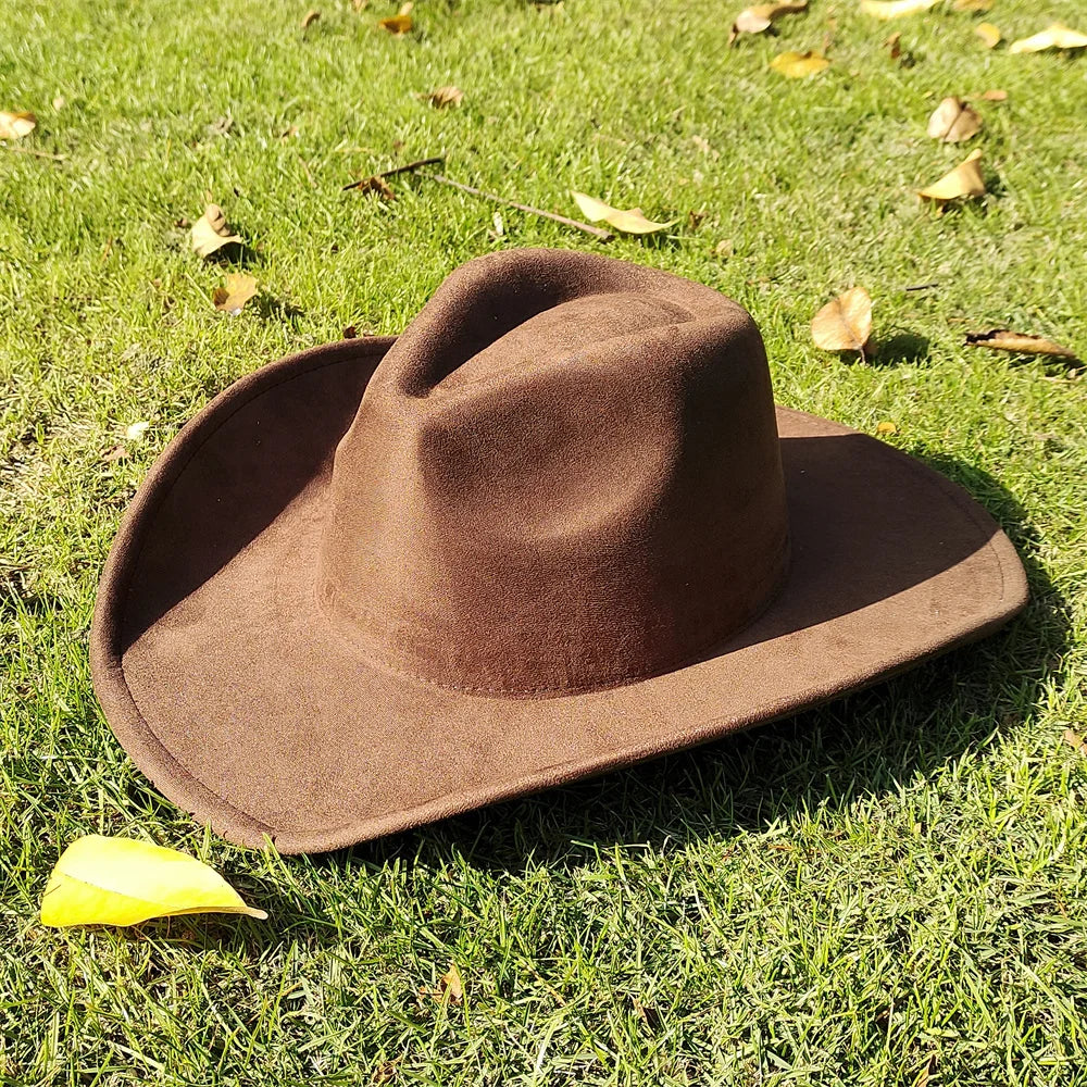 Suede Wide-Brim Western Cowboy Fedora Adjustable Fit-HighTouch