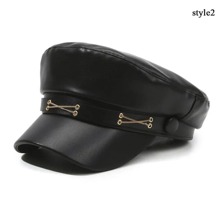 Winter Beret Women Black PU Leather Y2K Punk Newsboy Cap