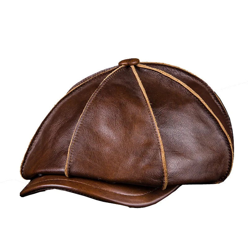 Genuine Cowhide Leather Octagonal Cap – Warm & Adjustable Men’s Style