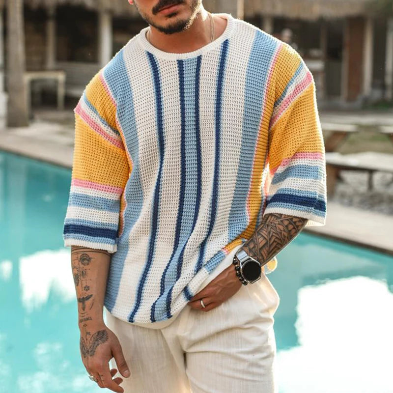Breathable Striped Hollow Knit Summer T-Shirt for Men-HighTouch