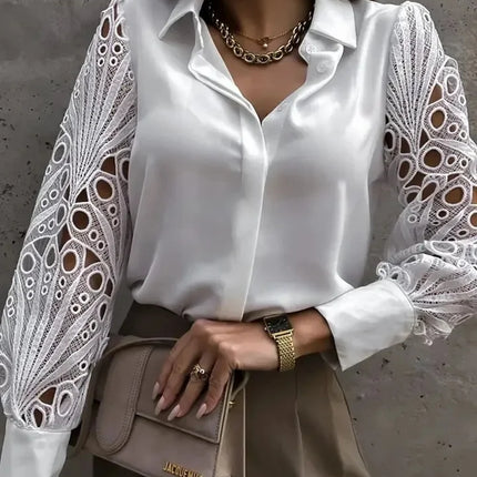 White Lace Hollow-Out Long Sleeve Blouse – Vintage Button-Up Elegance