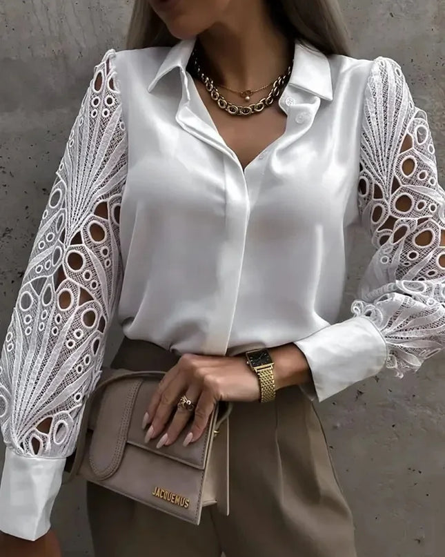 White Lace Hollow-Out Long Sleeve Blouse – Vintage Button-Up Elegance