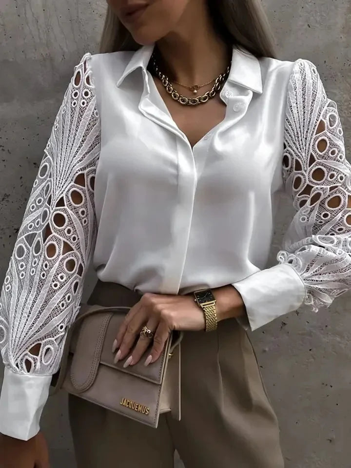 White Lace Hollow-Out Long Sleeve Blouse – Vintage Button-Up Elegance-HighTouch