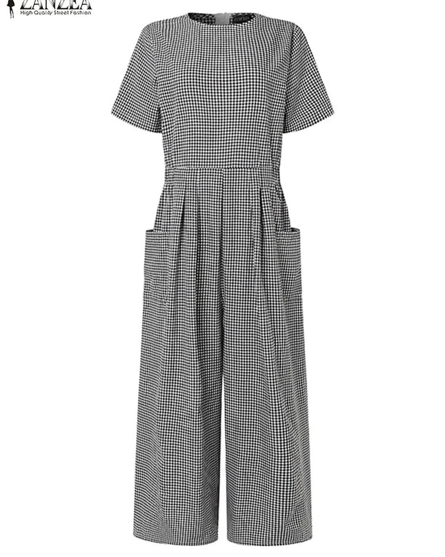 ZANZEA Gingham Wide-Leg Jumpsuit – Pleated Waist Casual Romper