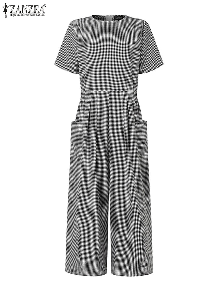 ZANZEA Gingham Wide-Leg Jumpsuit – Pleated Waist Casual Romper
