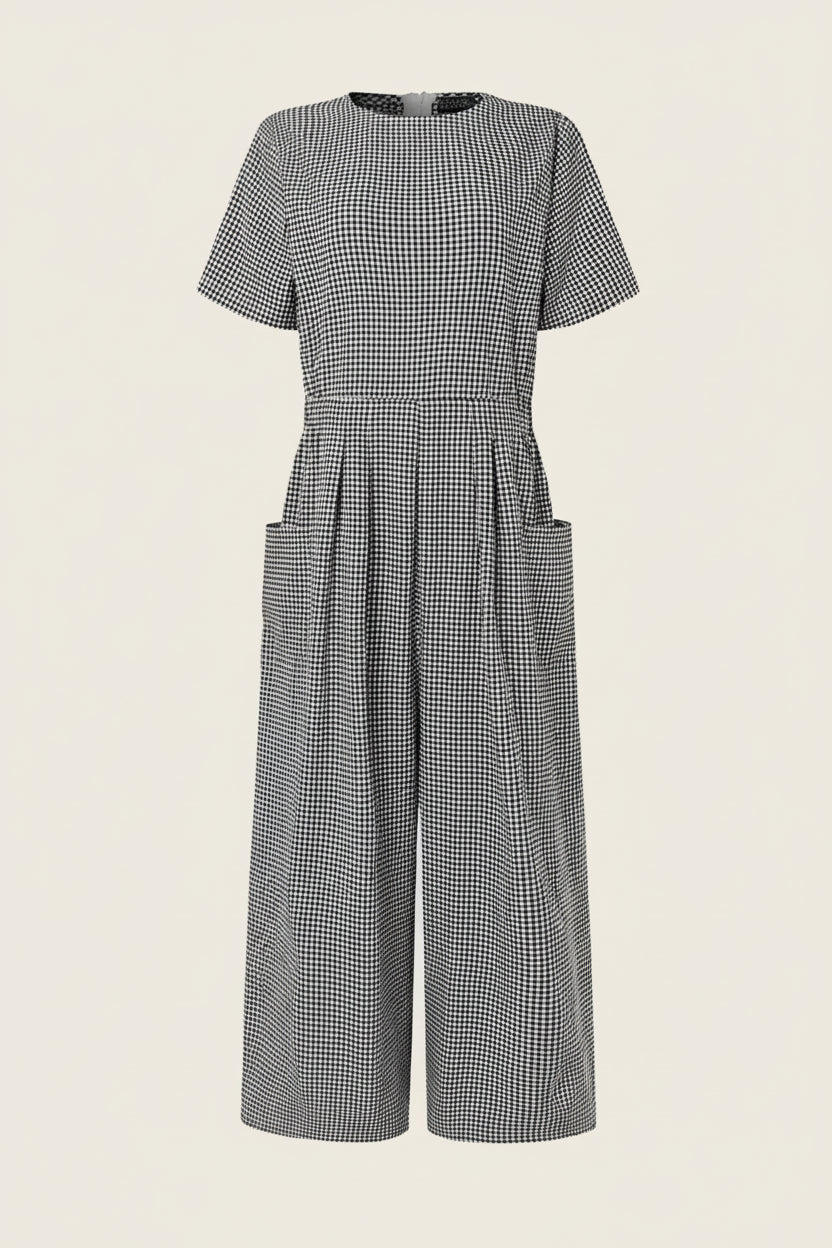 Gingham Wide-Leg Jumpsuit – Pleated Waist Casual Romper-HighTouch