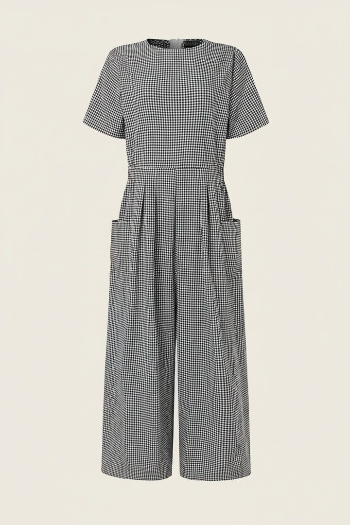 Gingham Wide-Leg Jumpsuit – Pleated Waist Casual Romper-HighTouch