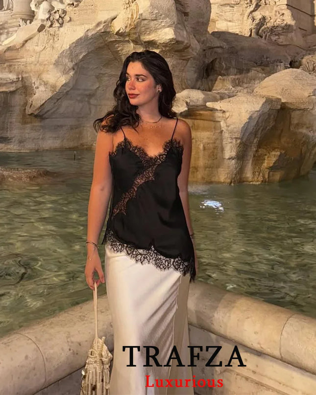 Black Lace Cami Top – Sexy V-Neck Y2K Sleeveless Patchwork Blouse