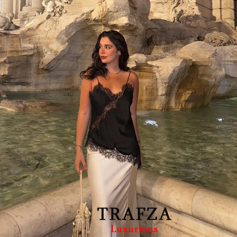 Zwarte kanten hemdtop – Verleidelijke V-hals Y2K mouwloze lapjesblouse