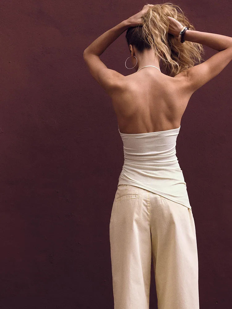 Versatile Asymmetric Pleated Hanging Neck Top – Summer Elastic Neck Blouse