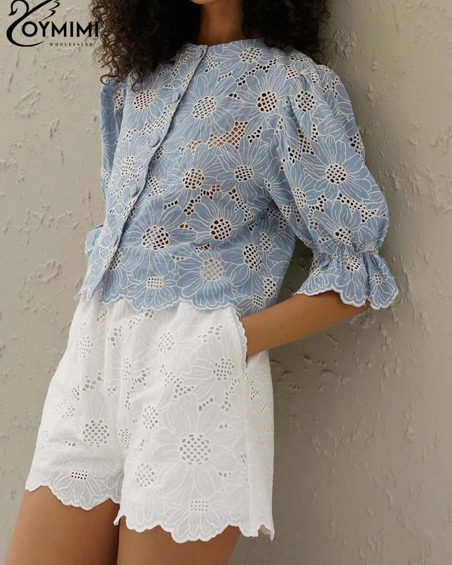Elegant Blue Print Cotton Shirt – Hollow-Out O-Neck Blouse for Women
