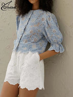 Elegant Blue Print Cotton Shirt – Hollow-Out O-Neck Blouse for Women-HighTouch