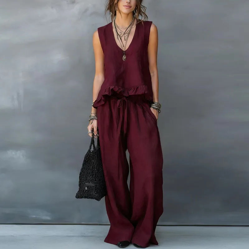 Summer - Women Sleeveless Ruffle Top & Pants Resort Set