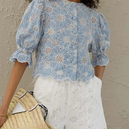 Elegant Blue Print Cotton Shirt – Hollow-Out O-Neck Blouse for Women