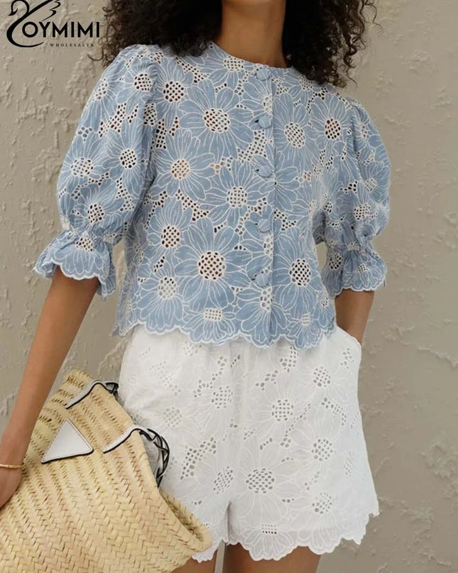 Elegant Blue Print Cotton Shirt – Hollow-Out O-Neck Blouse for Women