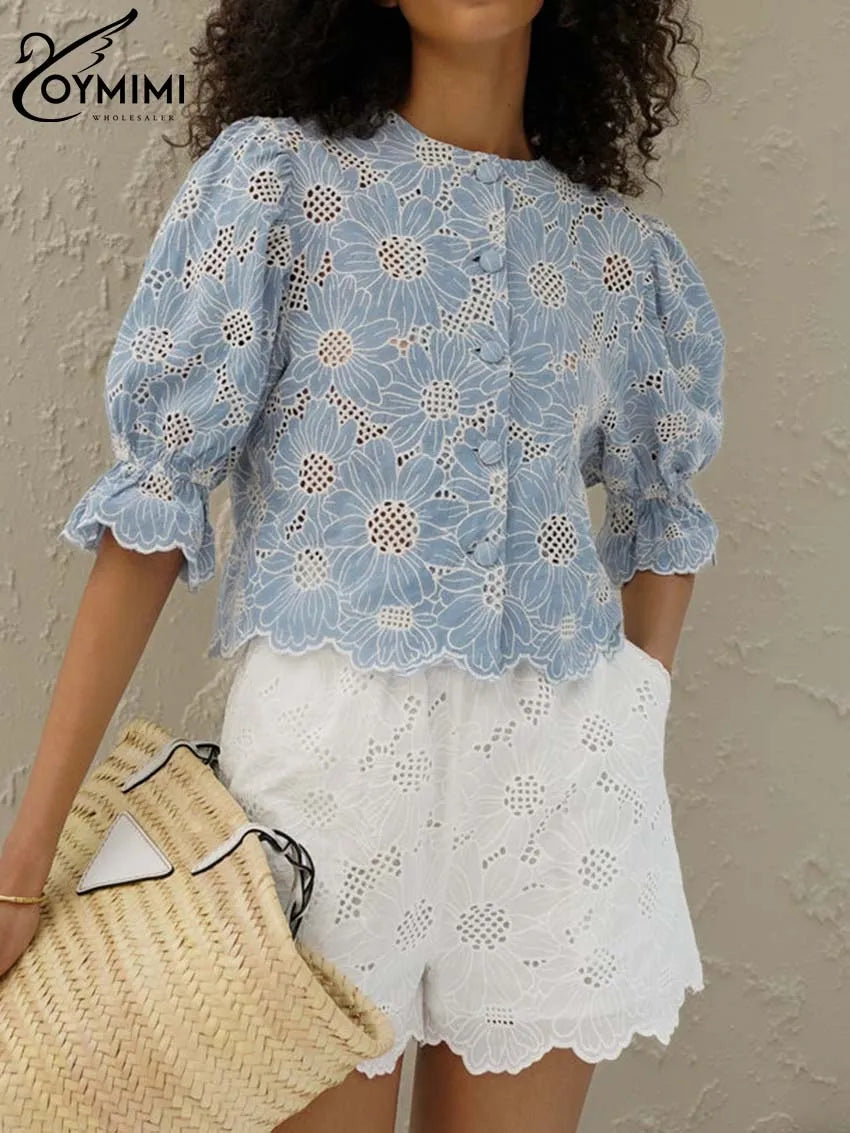 Elegant Blue Print Cotton Shirt – Hollow-Out O-Neck Blouse for Women-HighTouch