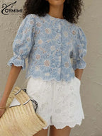 Elegant Blue Print Cotton Shirt – Hollow-Out O-Neck Blouse for Women-HighTouch