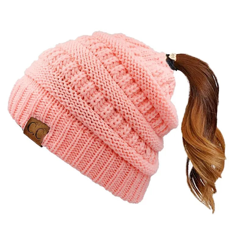 Cable Knit Ponytail Beanie-HighTouch