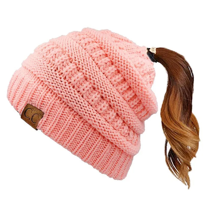 Cable Knit Ponytail Beanie-HighTouch