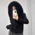 Women’s Hooded Knit Cardigan with Real Fox Fur – Casual Short Coat-HighTouch