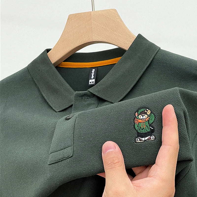 Bear-Embroidered 100% Cotton Long-Sleeve Polo – Spring/Autumn Men’s