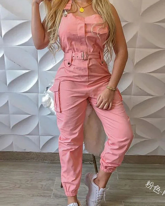 Sleeveless Cargo Jumpsuit with Drawstring Waist