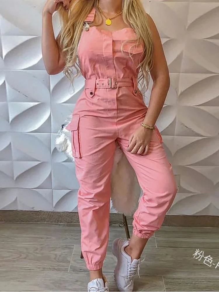 Sleeveless Cargo Jumpsuit with Drawstring Waist