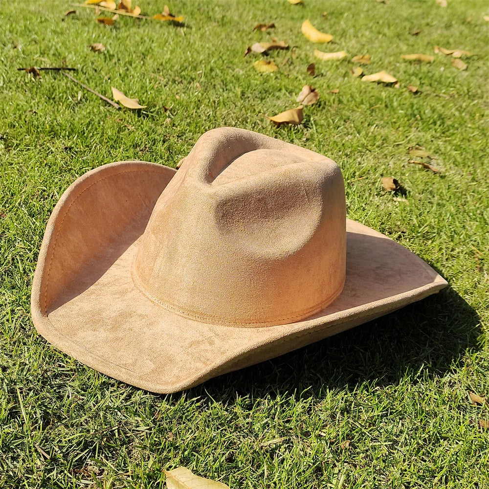 Suede Wide-Brim Western Cowboy Fedora Adjustable Fit
